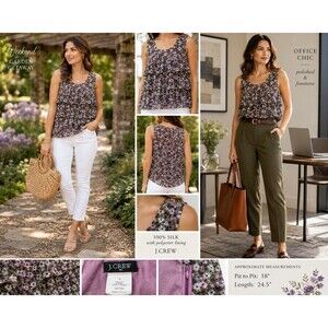 J.Crew Women 4 100% Silk Floral Tiered Sleeveless Blouse Purple Lined Romantic